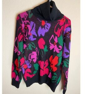 Vintage Snuggler Ski Wear Floral Turtleneck Sweater Ladies Medium Wool Blend